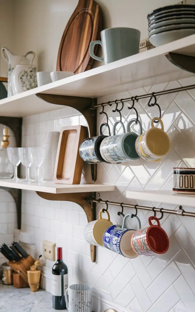 A photo of an art deco kitchen with an open-shelf having a metallic mug rail with ceramic, colorful, patterned mugs. The shelves also have everyday essentials and accessories such as a wooden cutting board, a wine bottle, and glassware. The backsplash has subway tiles in a herringbone pattern. The natural light is soft and diffused. The focus is on the mug rail.