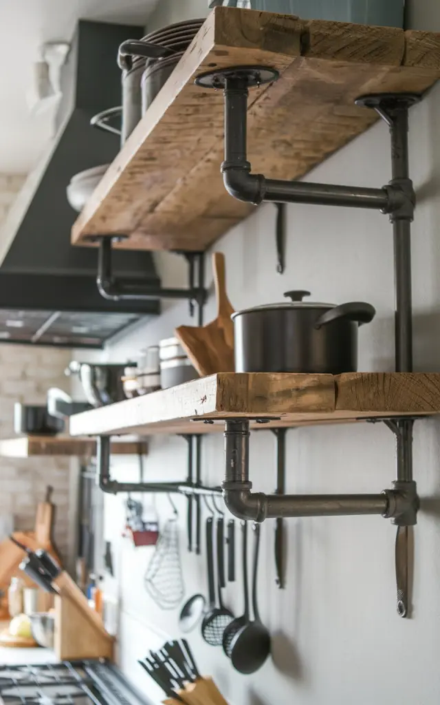 A photo of a rustic industrial kitchen with reclaimed wood shelves and matte black pipe brackets. There are various kitchen items on the shelves, such as pots, pans, and utensils. The background contains a range hood and a few hanging items. The photo is focused on the pipe brackets, which are holding up the wooden shelf. The shelf has a few items, such as a pot and a wooden spoon. The wall behind the shelf is painted a light grey color.