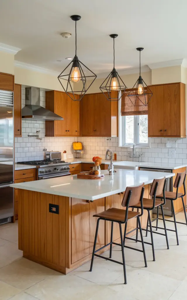 A photo of an open plan art deco kitchen with natural hickory cabinets and an island. The island has geometric pendant lights in black metal, with lights on. The kitchen is fully furnished, with a stove, oven, sink, and refrigerator. There are also a few chairs by the island. The floor is tiled.
