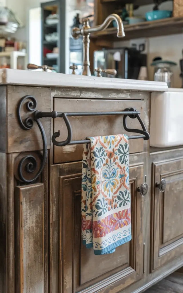 A photo of a closer view of a wrought iron towel bar attached to a kitchen island. The towel bar has a colorful patterned hand towel. The island has distressed brown cabinets, a vintage faucet, and cabinet pulls. The background contains other kitchen appliances and items.
