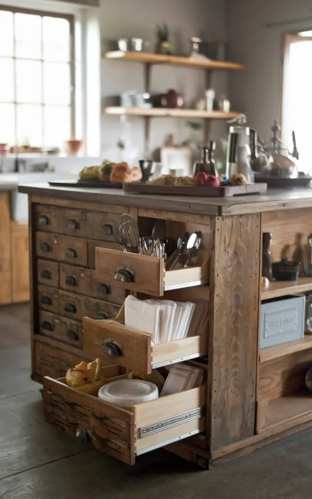 A photo of a rustic open kitchen with a unique kitchen island. The island is made from an old library card catalog. The drawers of the card catalog are filled with utensils, napkins, and spices. The countertop of the island holds food items and decor. The lighting in the kitchen is soft and neutral.