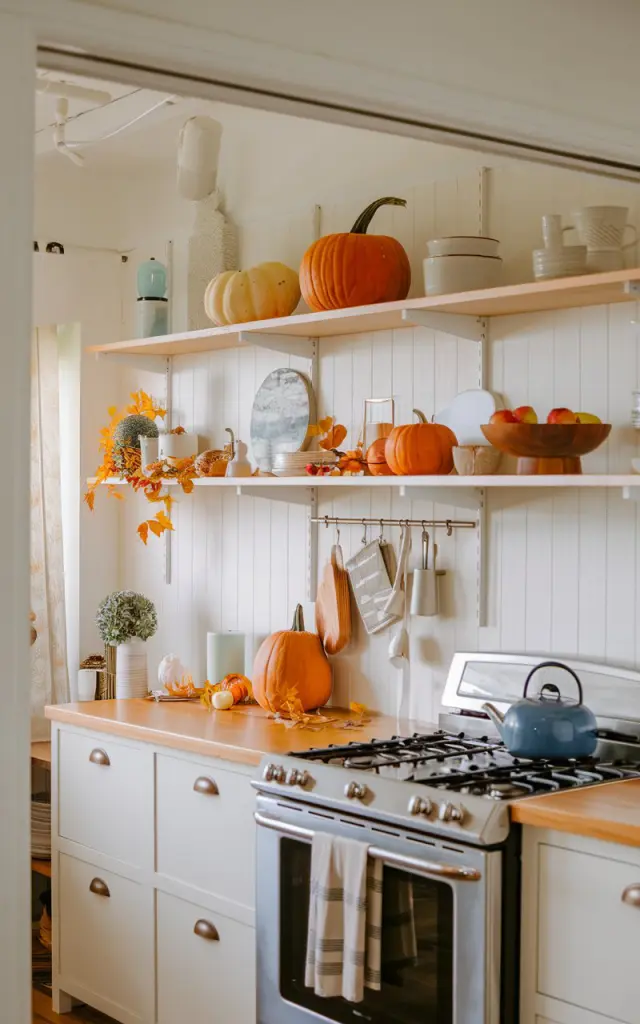 A photo of a craftsman + Scandi kitchen with an open shelf. The shelf is decorated with fall decor and miscellaneous items. There are pumpkins, leaves, and a wooden bowl with apples. The items are neatly arranged. The kitchen is fully furnished, with a stove, oven, and cabinets. The natural lighting is soft and ambient throughout the room.