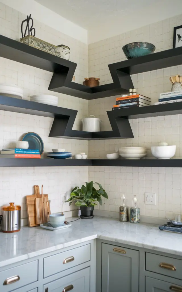 A photo of a kitchen with floating black open shelves in a zigzag pattern. The shelves hold a few dishware, books, decor, and a plant. The kitchen has a marble countertop with essentials. The walls have a light-colored textured backsplash. The photo is taken at eye level.