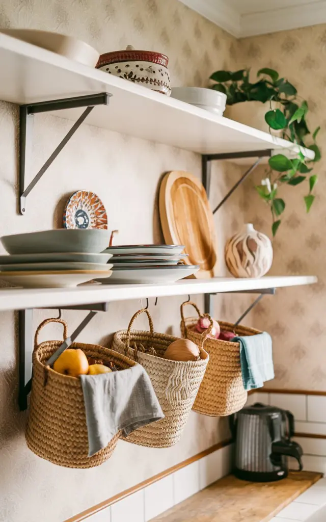 A photo of a boho-style kitchen with open shelves. There are a few woven baskets hanging on the side of the shelves. The baskets contain fruits, onions, and cloth napkins. The shelves hold dishes, a plant, and a decor piece. The backsplash has a mild wallpaper design. The overall ambiance of the kitchen is warm and inviting.