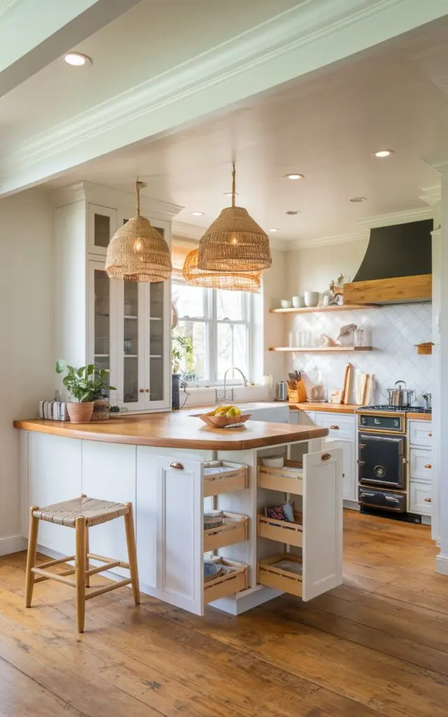 A photo of a boho-style U-shaped kitchen with a peninsula. The peninsula has a few pull-out pantry shelves. There are boho pendant lights hanging above the sink and stove. There's a wooden stool with a woven seat placed near the sink. The floor is made of wooden planks. The ceiling has recessed lighting.