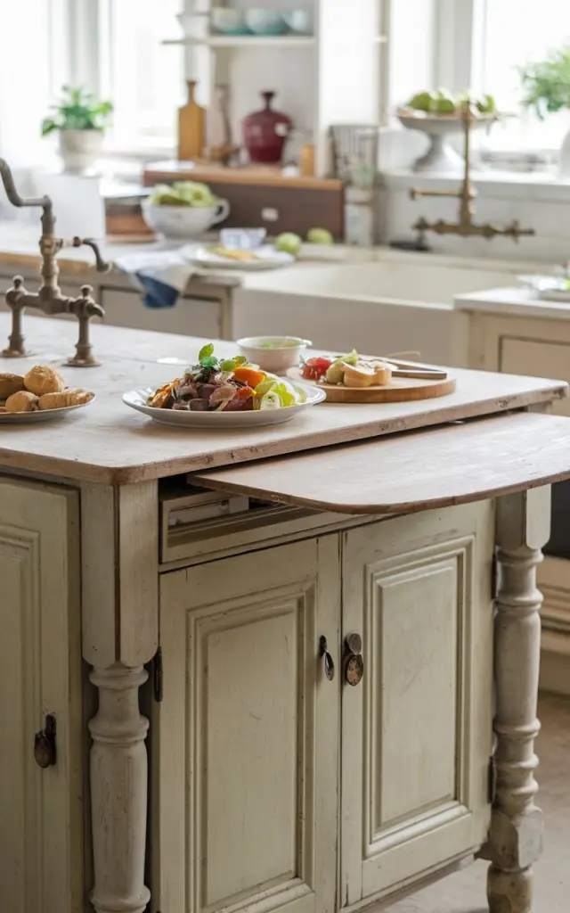A photo of a closer view of a drop-leaf extension being installed on an antique kitchen island. The island has old cabinets, a distressed countertop, turned legs, and a vintage faucet. There is food served on the island. The kitchen is fully furnished. The natural light is filtered.