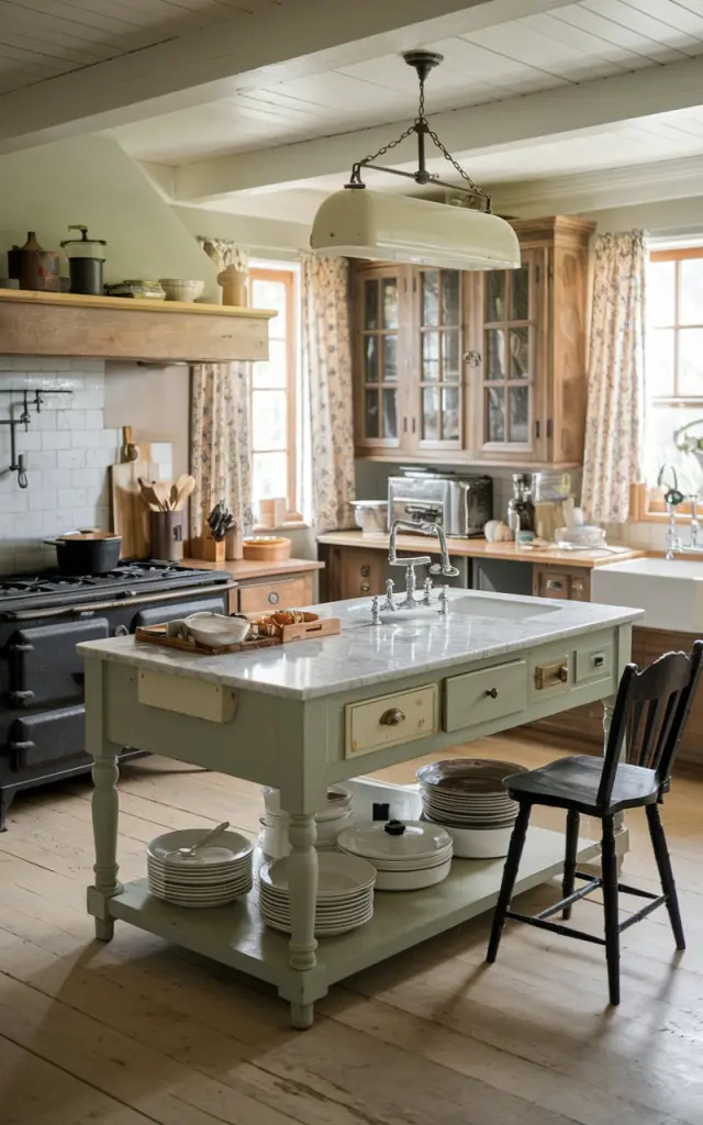 A photo of a farmhouse kitchen with a repurposed farmhouse table turned into an island. The kitchen has an antique touch, with wooden cabinets, a cast iron stove, and a vintage sink. The island has a marble top and is equipped with a sink and a few pots. There are also a few chairs near the island. The kitchen has essentials like utensils, dishes, and food. The lighting is filtered through curtains.