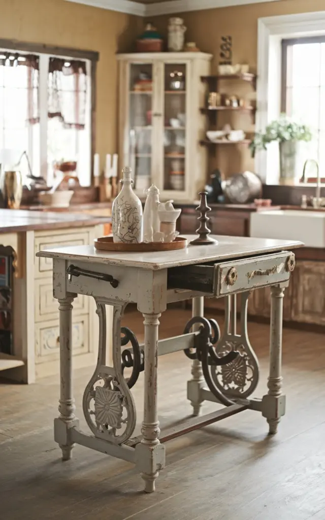 A photo of a kitchen with an antique sewing table repurposed as an island. The table has a shabby chic and rustic touch, with a distressed paint finish. The table has intricate details on its legs. The kitchen has a warm, earthy color palette, with wood, beige, and brown elements. There are also a few decorative items on the table.
