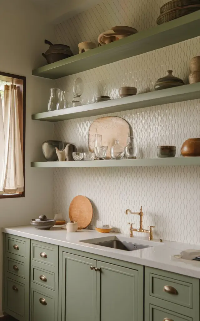 A photo of a Zen-inspired Asian kitchen with sage green open shelves against a white patterned wall. The shelves are filled with decor, glass dishes, and ceramics. There is a sink on the counter, as well as a small window with curtains. The lighting is warm and filtered.