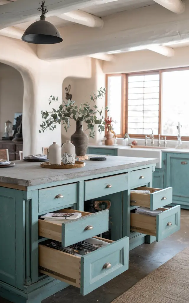A photo of a Southwestern + glam open plan kitchen with a stylish kitchen island made from an upcycled old vanity. The island has drawers for storing utensils and napkins. The countertop is made of distressed stone and has essentials placed on it. The natural light in the kitchen is soft and diffused.