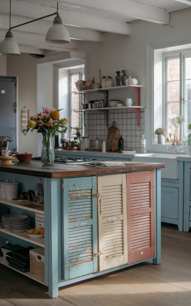 An open plan boho kitchen with an antique kitchen island. The island has an old shutter used as a storage unit. The shutter is painted in contrasting colors. The countertop of the island has essentials and hardware. The room has natural lighting that is mild and even throughout.