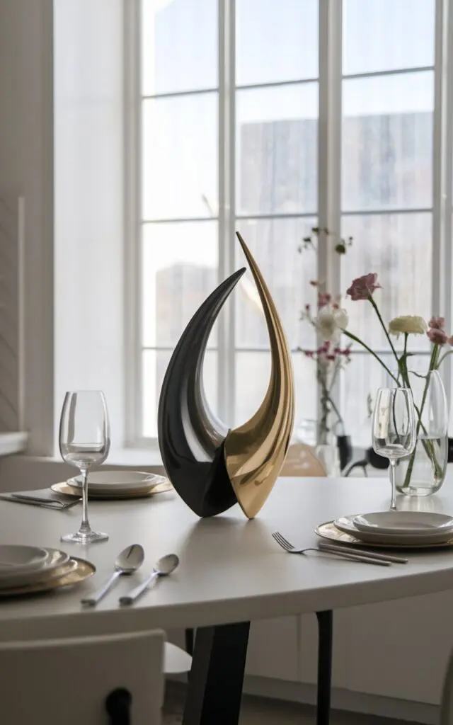 A photo of a minimalistic + art deco kitchen with a dining table. The table has an abstract metal sculpture in black, gold, or silver as its centerpiece. The sculpture is sleek and artistic. There are other essential items on the table. The room has natural light that is diffused and soft.