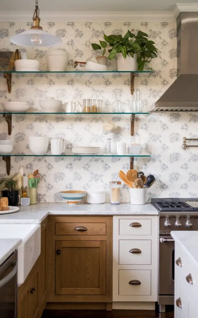A transitional kitchen having glass open shelves with essentials, decor, plant, etc. wallpaper backsplash. Show full view of the kitchen.