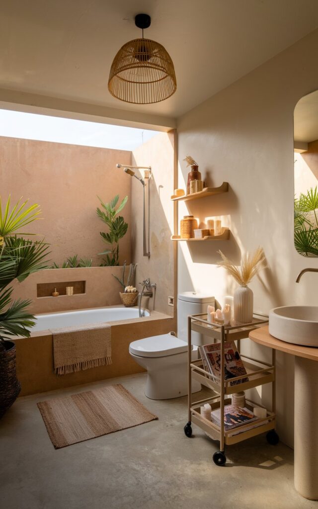 A photo of a Balinese-style bathroom during the golden hour. The bathroom has a muted tone and a ceiling pendant light. There's a rolling cart near the bathtub, holding flashy magazines, candles, and decor pieces. The walls are made of natural materials and have a few plants. The lighting is soft and warm.