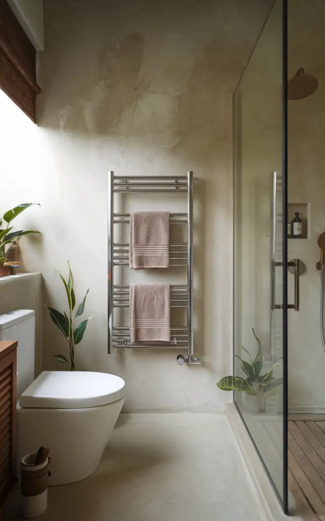 A photo of a Balinese-style modern bathroom with a heated towel rack and towels. The bathroom is fully furnished with a toilet, shower area, and other amenities. The natural light is soft and mild.