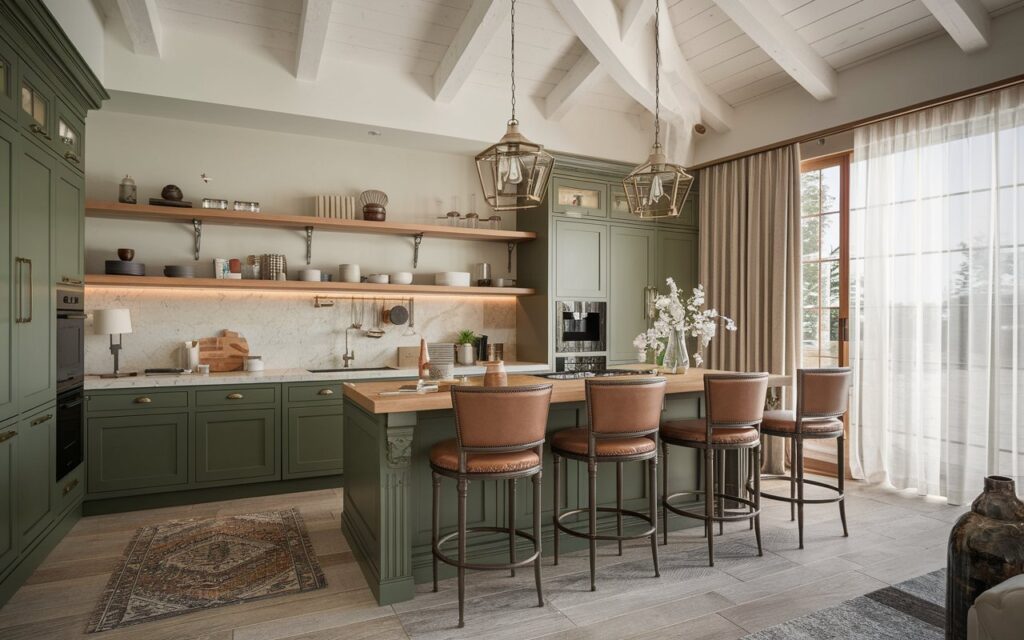 A photo of a Barndonminium kitchen with forest green cabinets, a few wood open shelves with essentials, a high ceiling, a large window with curtains, Bardoniminium pendant lights, a rug, a backsplash, and a luxurious island with 2-3 wrought iron barstools with designer headrests and leather cushions. The kitchen has an open-plan concept, with the space extending to a living room. The natural lighting is soft and ambient throughout the room.