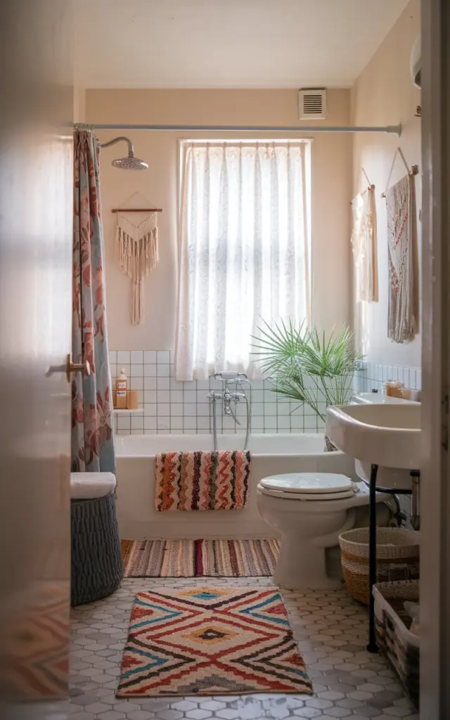 A photo of a boho bathroom with a small patterned complementing rug. The bathroom is fully furnished with essentials such as a bathtub, a shower, a sink, and a toilet. There is a potted plant near the bathtub. The walls are decorated with a few hangings. The bathroom has a curtained window that lets in soft, natural light.