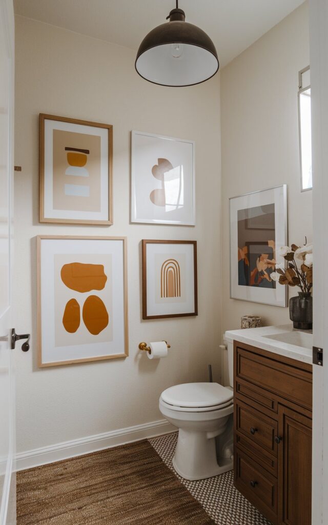 A photo of a boho half bathroom with a few 3-4 art prints, abstract paintings on the wall of different sizes, frames, and shapes. The wall art has contrasting colors. The bathroom has a pendant light, a woven rug, a vanity, and a toilet.