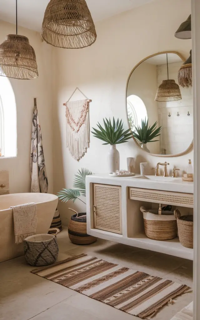 A photo of a boho spa bathroom with earthy textures and soft neutrals. The bathroom has a freestanding bathtub, a vanity with a mirror, and a few decor items. There are woven baskets, greenery, and a few decor items on the vanity. The floor is covered with a rug. The walls have a few hanging items. The overall space is beautiful and clutter-free.