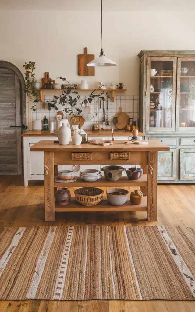 A photo of a boho-style honey oak kitchen with a jute textured rug in earthy tones and patterns. The kitchen is fully furnished, with a large wooden island in the center. There are various kitchen tools, a plant, and a vase on the island. The wall behind the island has a shabby chic-style cabinet, and there's a pendant light hanging over the island. The floor is made of honey oak wood.