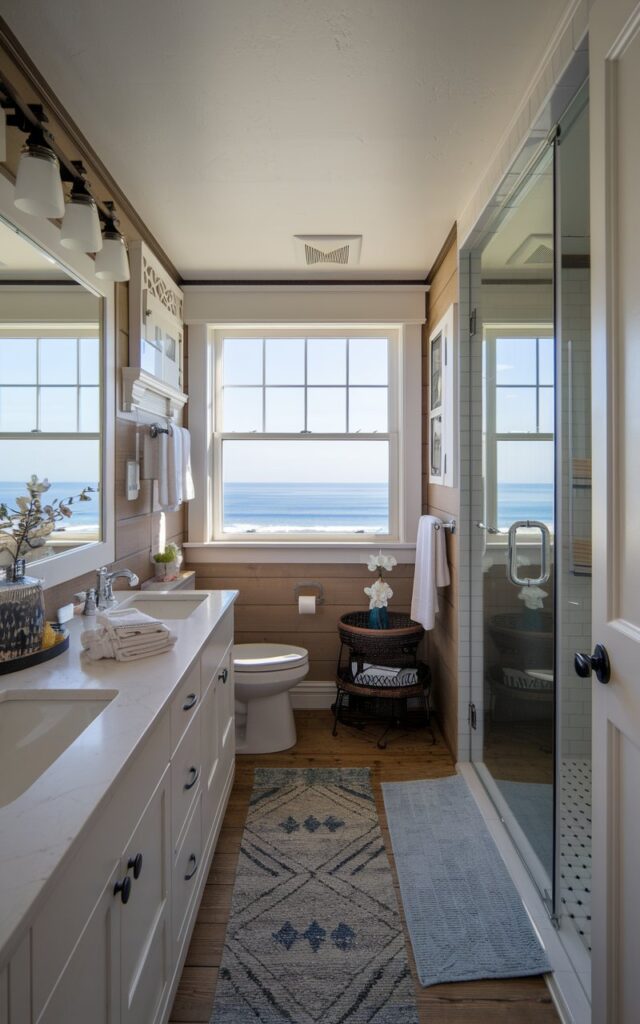 A photo of a California Coastal style resort-like bathroom. The bathroom is fully furnished with functional elements and essentials. There is a large window with a view of the ocean. The bathroom has a white vanity with two sinks, a toilet, and a shower. There is a rug near the toilet. The walls and floors are made of wood. The room is well decorated and has good lighting.