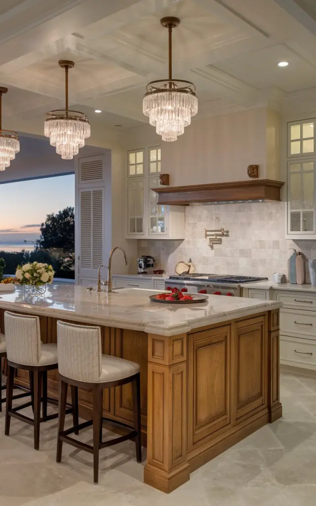 A photo of a luxurious kitchen in a California coastal home, taken during dusk. The kitchen has a honey oak island with a marble countertop. The wall behind the stove has a contrasting backsplash. The kitchen and island are fully furnished, with appliances, cabinets, and a sink. There are 2-3 crystal pendant lights (light on) above the island.