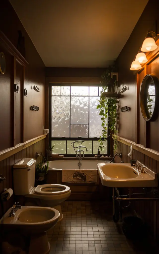 A night-time photo of a Craftsman-style bathroom with dim lights. The bathroom is fully furnished with a vintage bathtub, a toilet, and a sink. There's a window with a translucent glass. The walls are made of wood and have decorative elements. The floor is made of tiles. There's a plant near the window. The overall ambiance of the bathroom is relaxing and soothing.