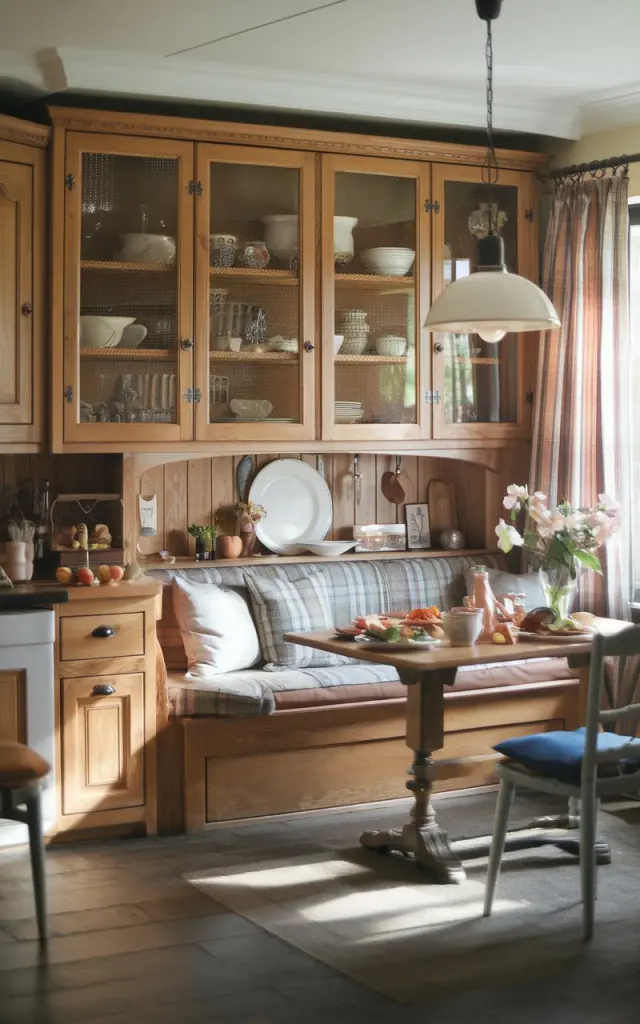 A photo of a French country kitchen with honey oak cabinets, a breakfast nook with a bench and cushions, and a breakfast table with food. The kitchen is fully furnished and has a rustic charm. There is natural light filtering in, casting a soft glow over the space.