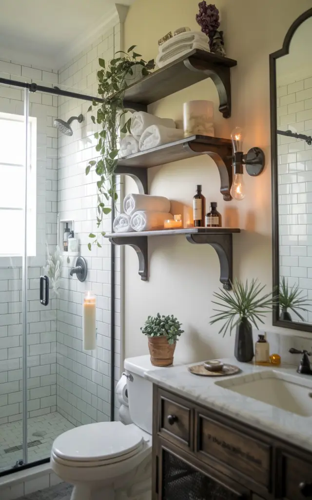 A photo of a French country style bathroom with a few open shelves made of dark wood. The shelves contain rolled towels, a plant, scented candles, and oil. The bathroom has a shower area, a toilet, a sink, and a vanity. The space has a beautiful and inviting atmosphere, with soft, ambient natural light.