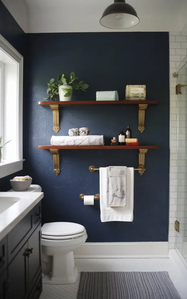 A photo of a French countryside bathroom with a navy blue textured wall. There is a dark walnut color floating shelf with golden vintage brackets. The shelf has a few towels, a plant, soaps, and books. The bathroom has functional elements such as a toilet, sink, and shower area. There is a pendant light in the ceiling and a textured rug on the floor. The lighting is soft and ambient, with the focus being on the floating shelves.