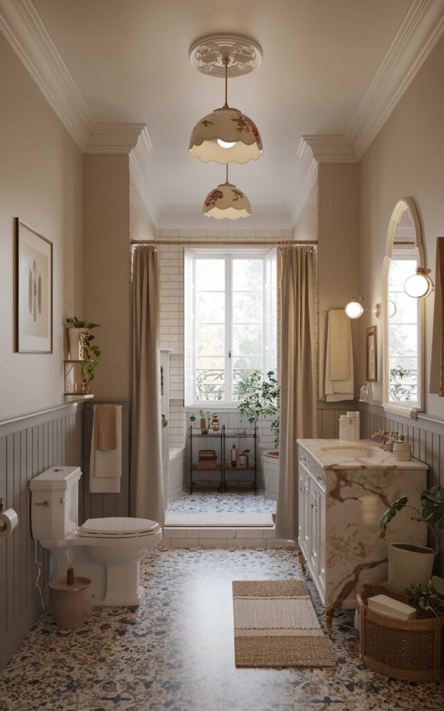 A French countryside bathroom with a soft white, beige, and warm grey color scheme. The room features a marble vanity, a terrazzo floor, and a warm grey wall with a wood paneling. The room is furnished with a toilet, a vanity, and a shower area. There are towels, a rug, and an art piece in the room. The ceiling has a floral ceramic pendant light with the light on. The bathroom has a curtained window that filters natural light. The room is fully furnished, and adding some plants would make the space feel more lively.