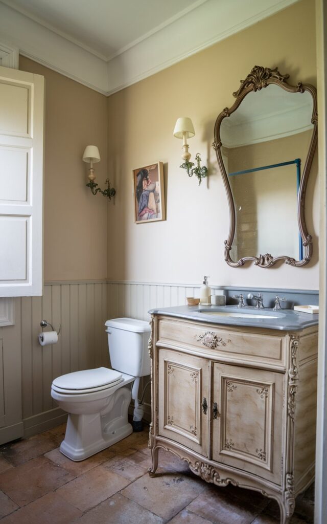A photo of a half bathroom in a French countryside home. The bathroom has a vintage vanity with an ornate mirror. There is a toilet and a sink in the bathroom. The walls have sconces. The floor is made of tiles.