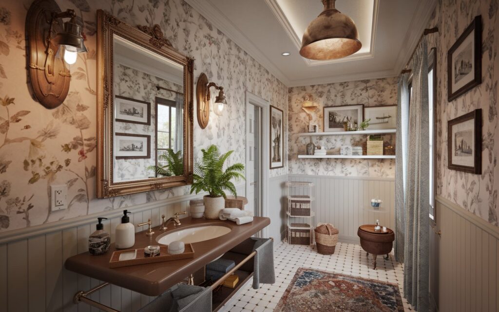 A full view of a half bathroom in a French countryside style. The room has a floating vanity with essentials like a soap dispenser and a potted plant. There's a framed ornate mirror on the wall. Two vintage wall sconces with lights are on either side of the mirror. The room has floral wallpaper and a metallic pendant light with a light on in the recessed ceiling. There's framed wall art and open shelves with essentials. The floor is tiled and has a contrasting rug. The room has a curtained window. The bathroom is clutter-free and well-decorated with a warm lighting.