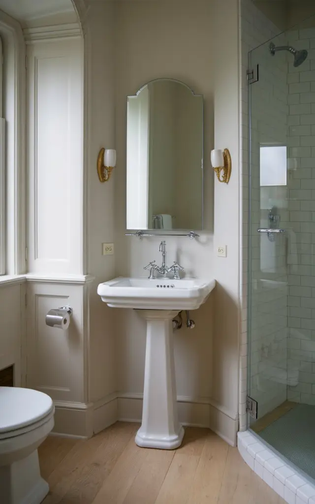 A photo of a small bathroom in the Gustavian style. There's a pedestal sink in the corner with a sleek faucet. There are small wall scones on either side of the mirror above the sink. The floor is made of light wood. The room is fully furnished with essential elements, such as a toilet, a shower, and a window.