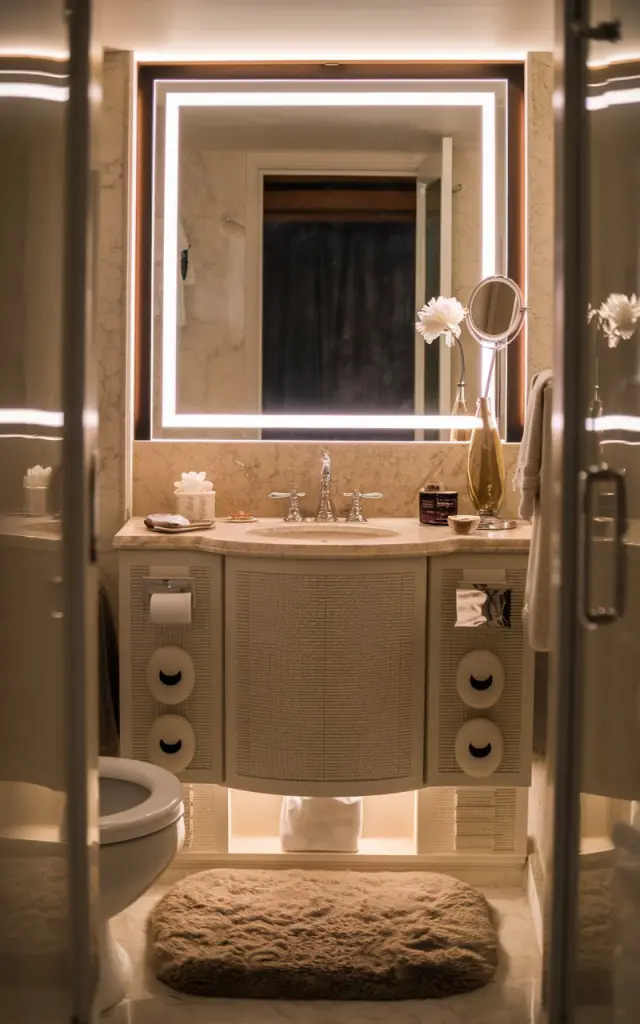 A photo of a Hollywood glam bathroom with a vanity that has an LED light around a framed mirror. There is a luxurious soap dispenser with silky liquid, a flower vase, and other essentials. The floor has a fluffy bath mat. The bathroom has functional elements such as a toilet, sink, and a separate shower area. The space is clutter-free, and there is no natural light. The image has a warm hue.