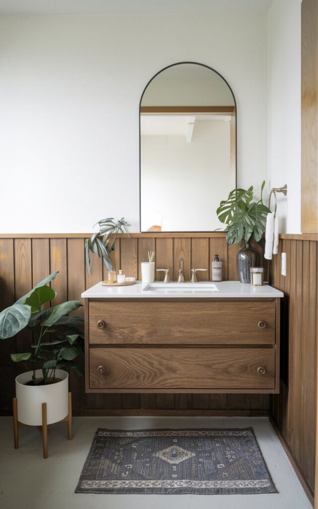 A photo of a Japandi half bathroom with a floating vanity containing essentials. The room is clutter-free and well-decorated. The vanity is made of wood and has a white countertop. There is a potted plant on the floor. The wall has a wood paneling. The floor is covered with a rug.