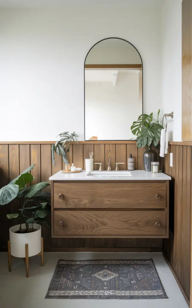 A photo of a Japandi half bathroom with a floating vanity containing essentials. The room is clutter-free and well-decorated. The vanity is made of wood and has a white countertop. There is a potted plant on the floor. The wall has a wood paneling. The floor is covered with a rug.