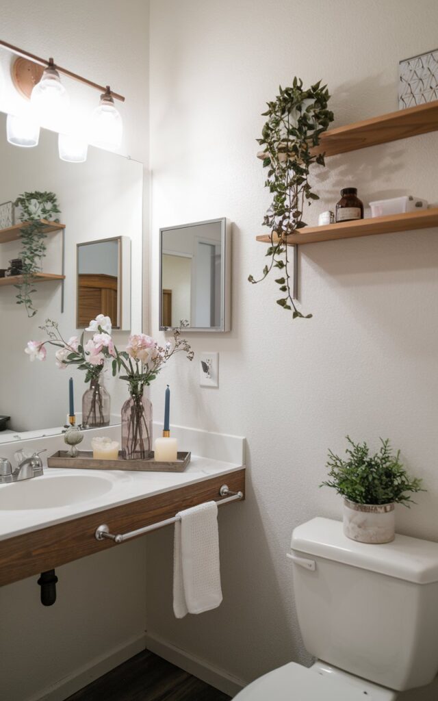 A half bathroom with a Japandi style. There is a wooden shelf with a few items on it. The room has a floating vanity with essentials, such as a vase with flowers, a candle, and a small plant. The space is clutter-free and well-decorated.