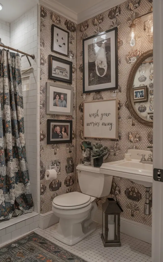 A photo of a maximalist style bathroom with a gallery wall. The wall has small framed prints, family photos, and a quote that says "Wash your worries away." The bathroom has a toilet, a shower area, and a vintage-style sink. The walls have a patterned wallpaper with floral and geometric designs. The room has a rug, a lantern, and a plant.