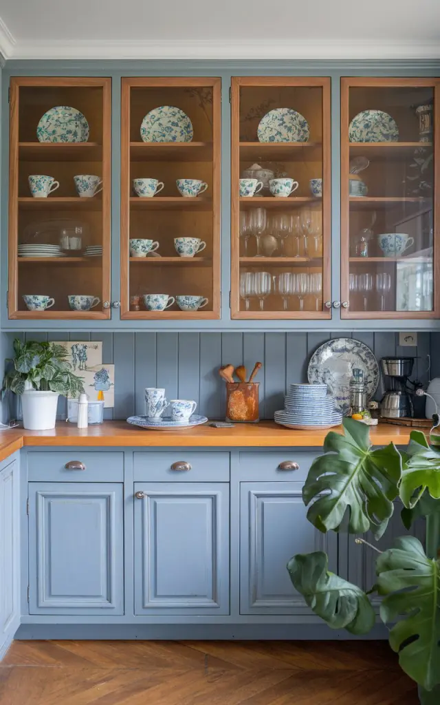 A photo of a maximalist-style open plan kitchen with honey oak kitchen cabinets and frosted glass upper cabinets. The glass cabinets are filled with ceramic floral print cups, plates, vintage-style shakers, and glassware. The kitchen has a blue and honey oak tone. There is a green plant near the cabinets. The floor is made of wooden planks.
