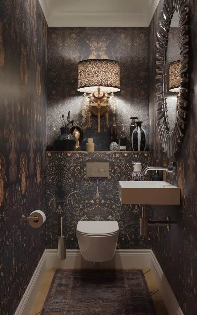 A photo of a maximalist-style small bathroom. The room has a sleek wall-mounted faucet, a toilet, and a sink. The walls are lined with intricate wallpaper. There is a decorative lampshade on the wall above the toilet. The room has a rug and a few decorative items. The lighting is soft and diffused.