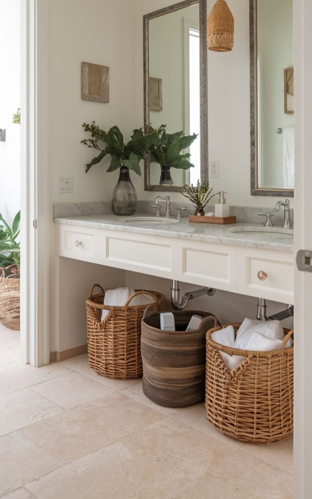 A Mediterranean-style half bathroom with a chic aesthetic. The bathroom has a beige tile floor and a white vanity with a marble countertop. There are two woven baskets and a chic basket placed under the vanity. The woven baskets contain toiletries, extra towels, and cleaning supplies, which help to hide any clutter. The bathroom is fully furnished and well-decorated, with a few potted plants and a decorative object on the vanity.