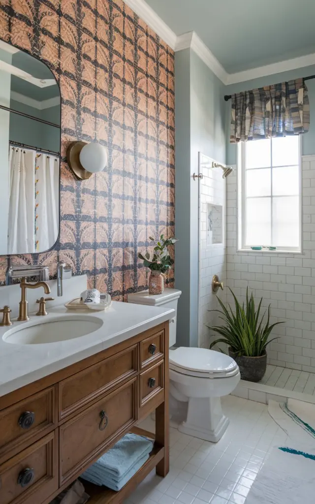A photo of a Mediterranean-style cottagecore bathroom with a peel-and-stick wallpaper in a bold geometric pattern. The bathroom is fully furnished with essentials such as a wooden vanity, a ceramic sink, a brass faucet, a toilet, and a shower. There's a potted plant near the window. The floor is tiled. The walls are painted in a soft blue hue. The room has a window with a curtain.