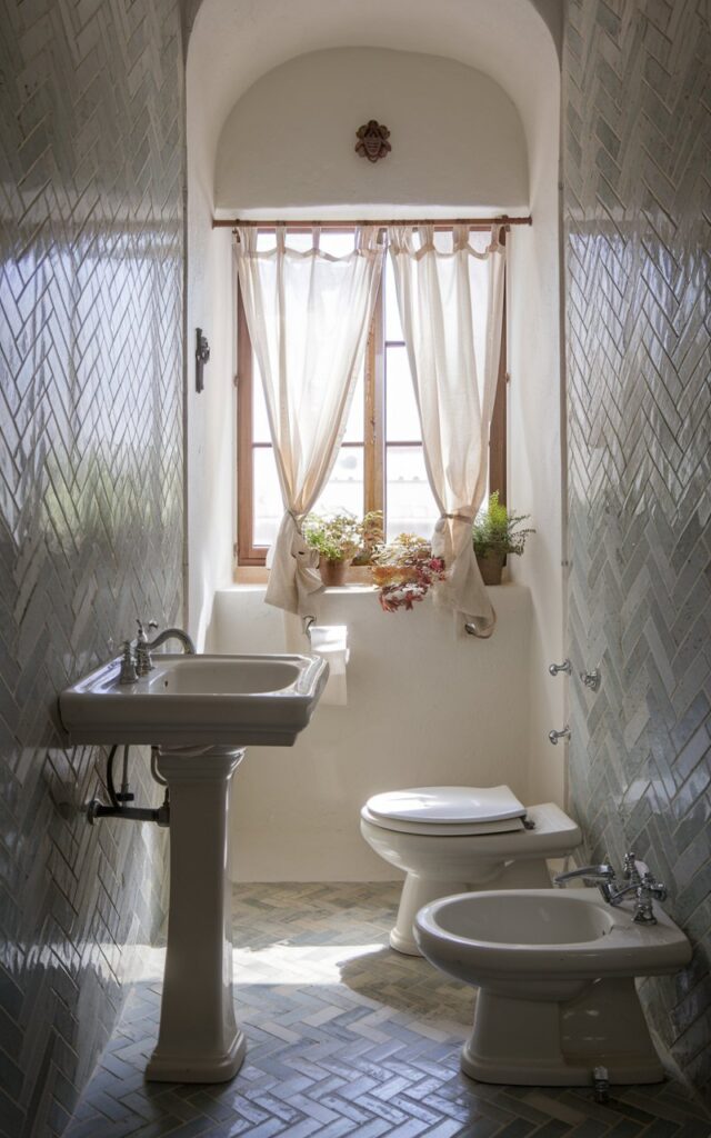 A Mediterranean-style half bathroom with a mosaic tile herringbone pattern on one side of the wall. The bathroom is fully furnished with a pedestal sink, a toilet, and a wall-mounted faucet. There's a curtained window with a few small potted plants. The bathroom is filled with filtered light.