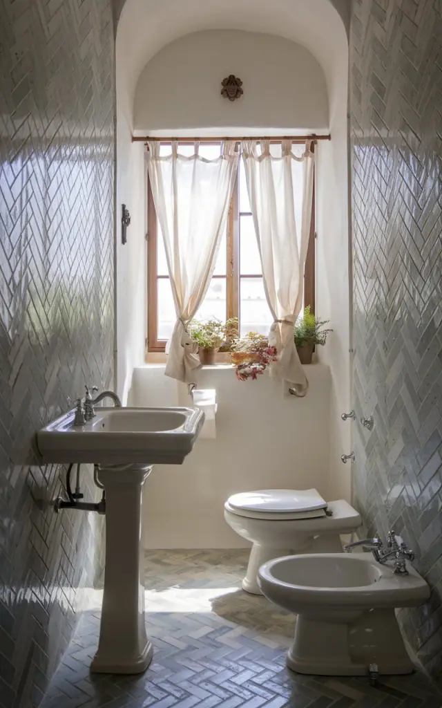 A Mediterranean-style half bathroom with a mosaic tile herringbone pattern on one side of the wall. The bathroom is fully furnished with a pedestal sink, a toilet, and a wall-mounted faucet. There's a curtained window with a few small potted plants. The bathroom is filled with filtered light.