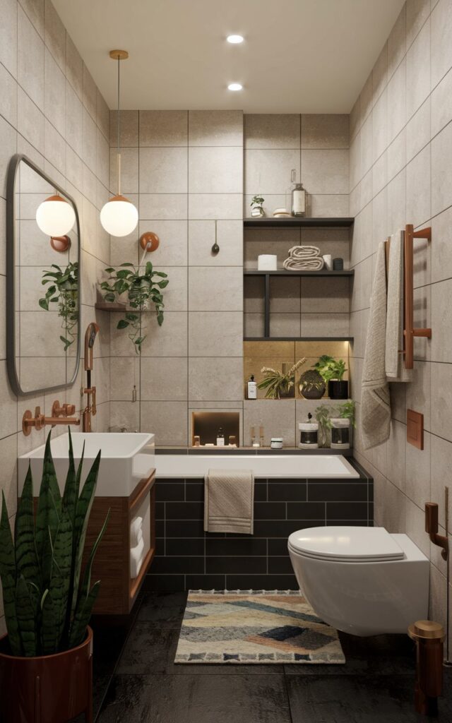 A mid-century modern bathroom with matte and natural stone wall tiles. The floor is dark, with a rug near the bathtub. The bathroom has a contrasting color faucet, pendant lights, towels, and shelves. The bathroom is fully furnished, with a few plants added to the space to make it feel more lively.