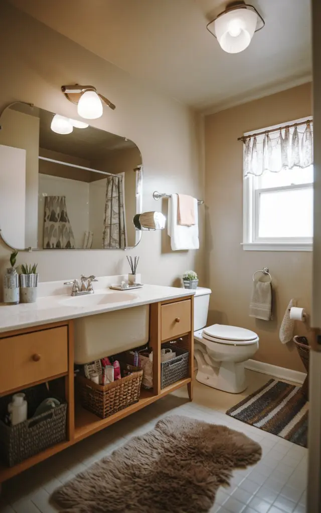 A photo of a mid-century modern bathroom with a few baskets under the sink for storage (toiletries, extra towels, etc). The bathroom is fully furnished with functional elements, including a vanity, sink, mirror, and toilet. A fluffy rug is placed on the floor. The walls are painted a soft beige. There is a window with a curtain. The room has a vintage light fixture.