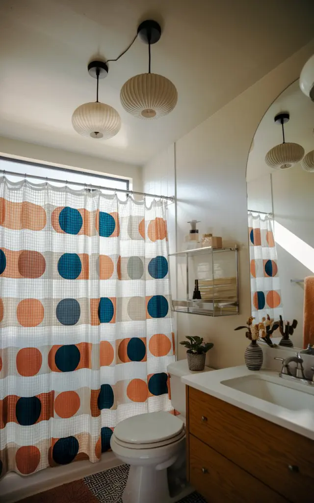 A photo of a mid-century modern bathroom with a shower area. The shower area has a bold patterned, waffle shower curtain. The bathroom has a toilet, a sink, and a mirror. The ceiling has stylish pendant lights, and one light is on. The room has soft natural light.