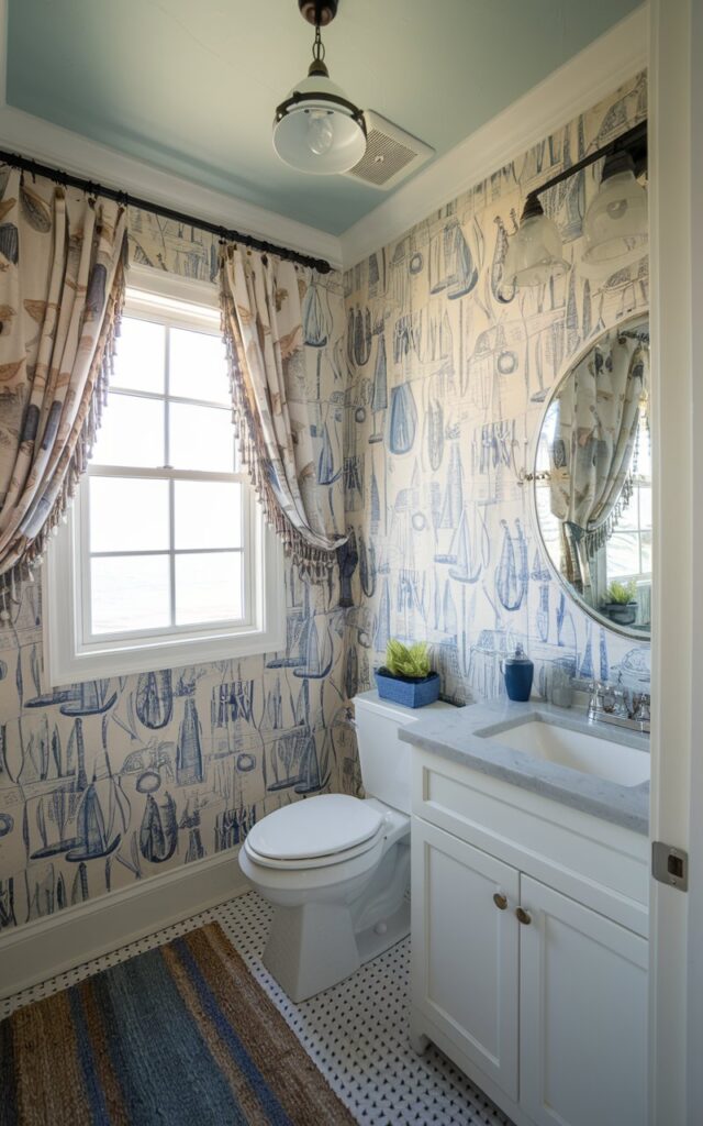 A photo of a Palm Beach half bathroom with a coastal theme. The walls have a peel-and-stick wallpaper with a nautical design. The room is fully furnished with a toilet, sink, and mirror. The ceiling has a pendant light and the floor has a rug. There is a curtained window that lets in natural light.
