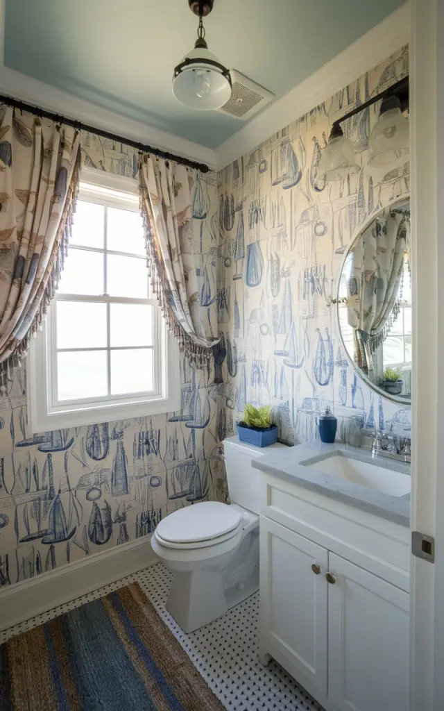 A photo of a Palm Beach half bathroom with a coastal theme. The walls have a peel-and-stick wallpaper with a nautical design. The room is fully furnished with a toilet, sink, and mirror. The ceiling has a pendant light and the floor has a rug. There is a curtained window that lets in natural light.